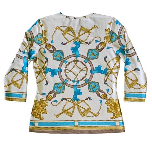 J. McLaughlin Equestrian Print Top Three Quarter Sleeve, Ivory Color NWOT - Picture 2 of 5
